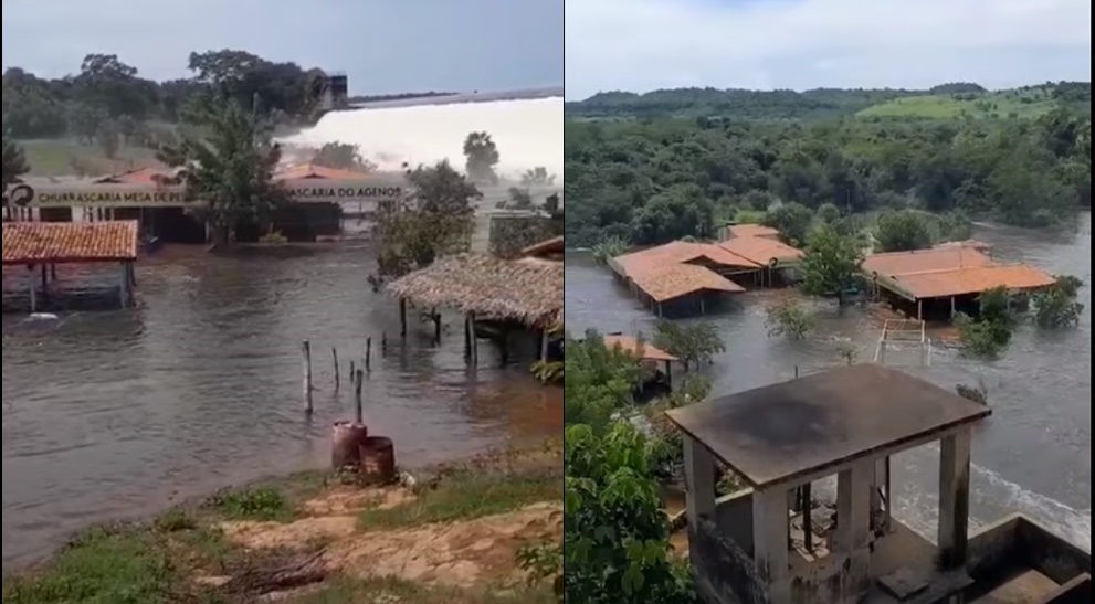 Água avança e arrasta mesas de quiosque de barragem em Valença