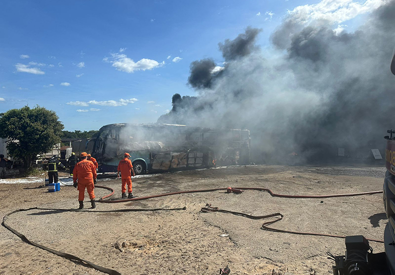Incêndio destrói ônibus e caminhões próximo a posto de combustível na BR-343, em Teresina