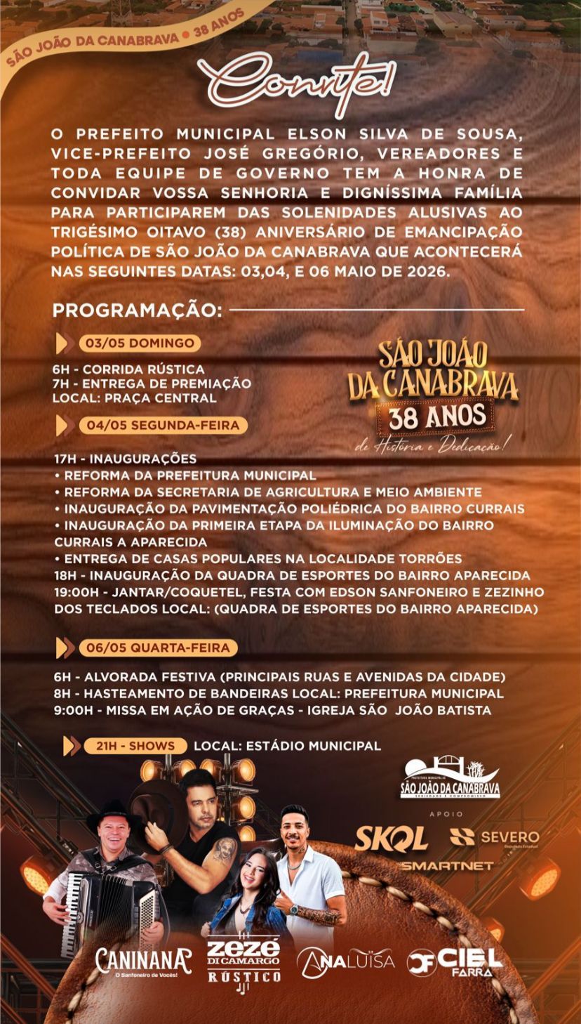 Prefeitura de São João da Canabrava inicia neste domingo as comemorações dos 38 anos e prepara festa histórica para à população